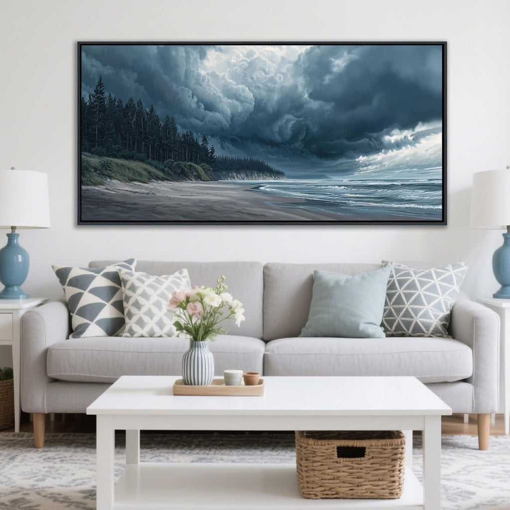 Large Wall Art Beach Canvas Decor Ocean Painting Navy Blue Picture Artwork Modern Seascape Storm Forest Decoration Framed for Living Room Bedroom Home Office Decor Size 24x48 Inches