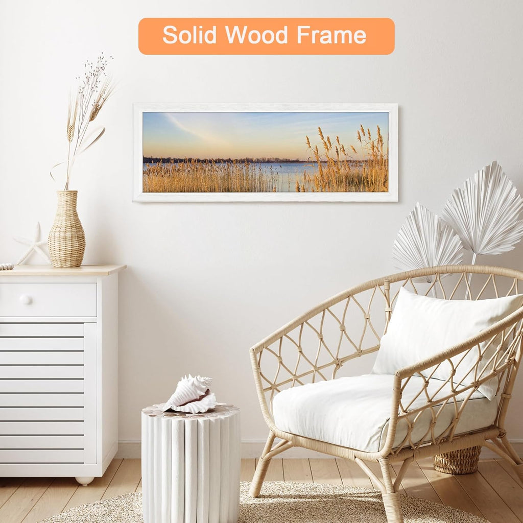 12x36 Wood Frame White, Modern Natural Woodgrain 36x12in Picture Frame, Rustic Wooden 12 x 36 inch Gallery Wall Photo Poster Frame with HD Plexiglass, Horizontal Vertical Wall Mounting Display 1pcs