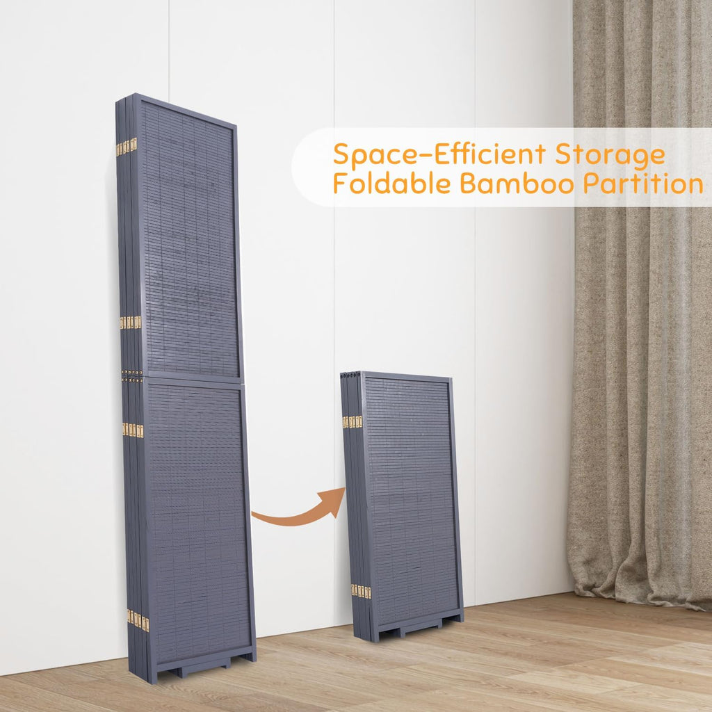 Bamboo Room Divider Folding Privacy Screens, Wall Divider for Room Separation, Portable Room Partitions and Dividers, 5.6FT Bamboo Mesh Woven Room Divider Panel (Grey, 6 Panel)