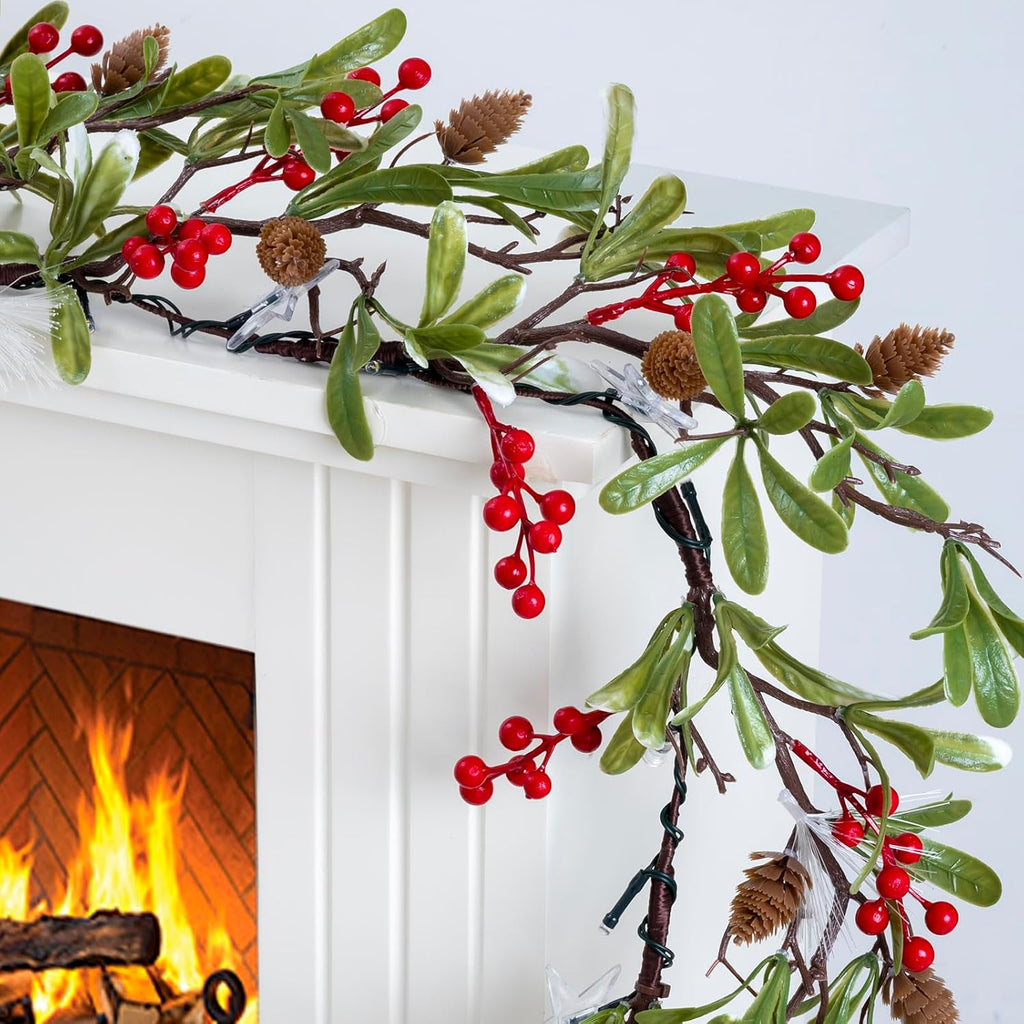 6.5FT Christmas Garland with Star Lights,Prelit Christmas Decorations,Lighted Garland with Battery Operated,Denser Realistic Olive Leaves Greenery Home Decor for Mantle Fireplace Table Indoor Outdoor