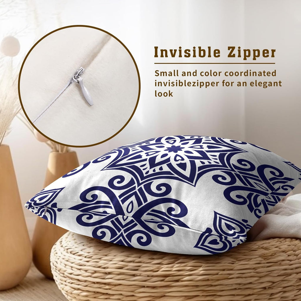 Navy Blue Symmetrical Floral Throw Pillowcases Set of 2 All-Season Soft Pillow Covers with Hidden Zipper,Durable for Sofa Bed Car Decor & Gift 18x18Inch