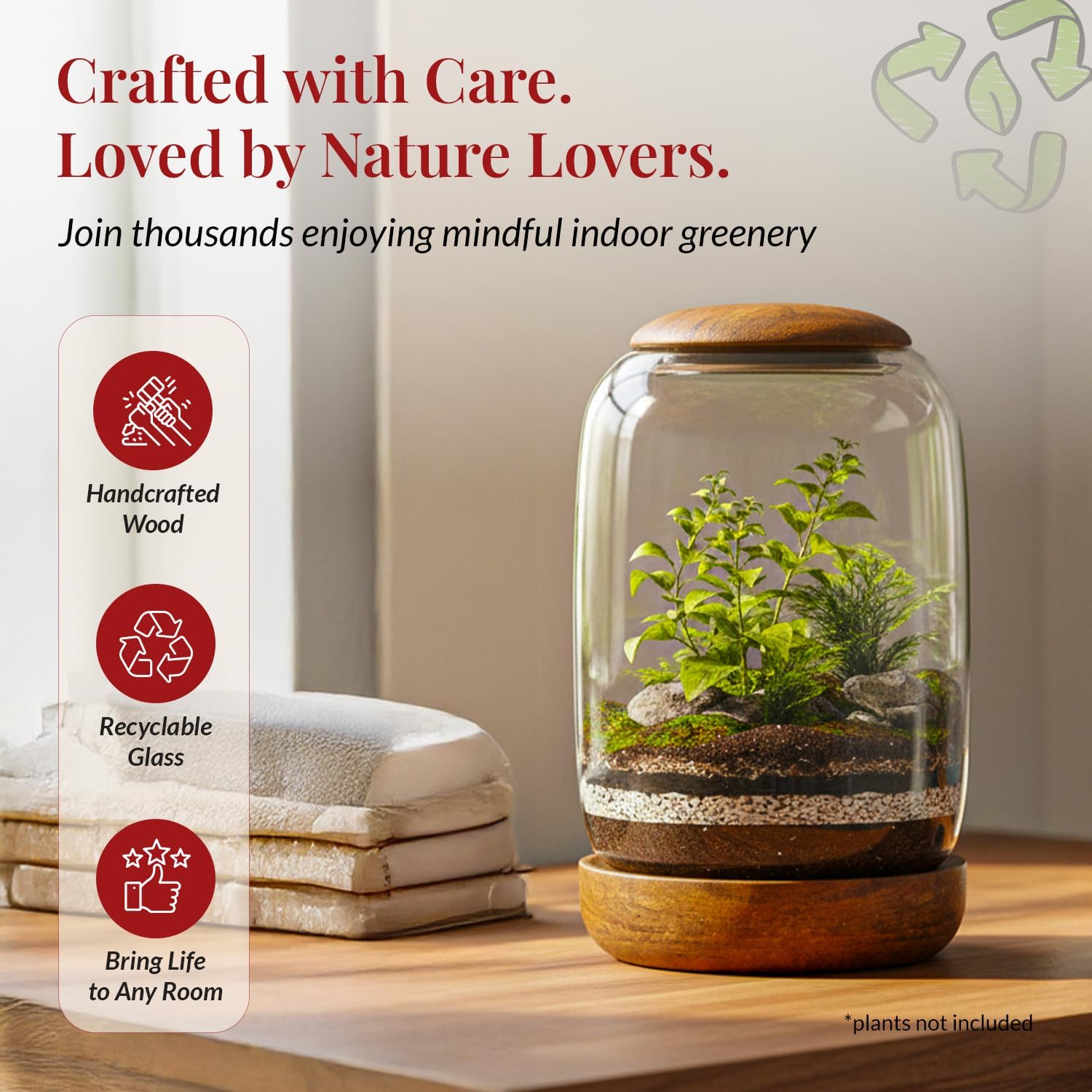 Exclusive Glass Terrarium, Beautifully Enhanced by a Natural Wood lid and Base. Excellent for Plants and Decoration. for Home and Office. Size: 6.3 Diameter by 8.7 Tall (Inches)