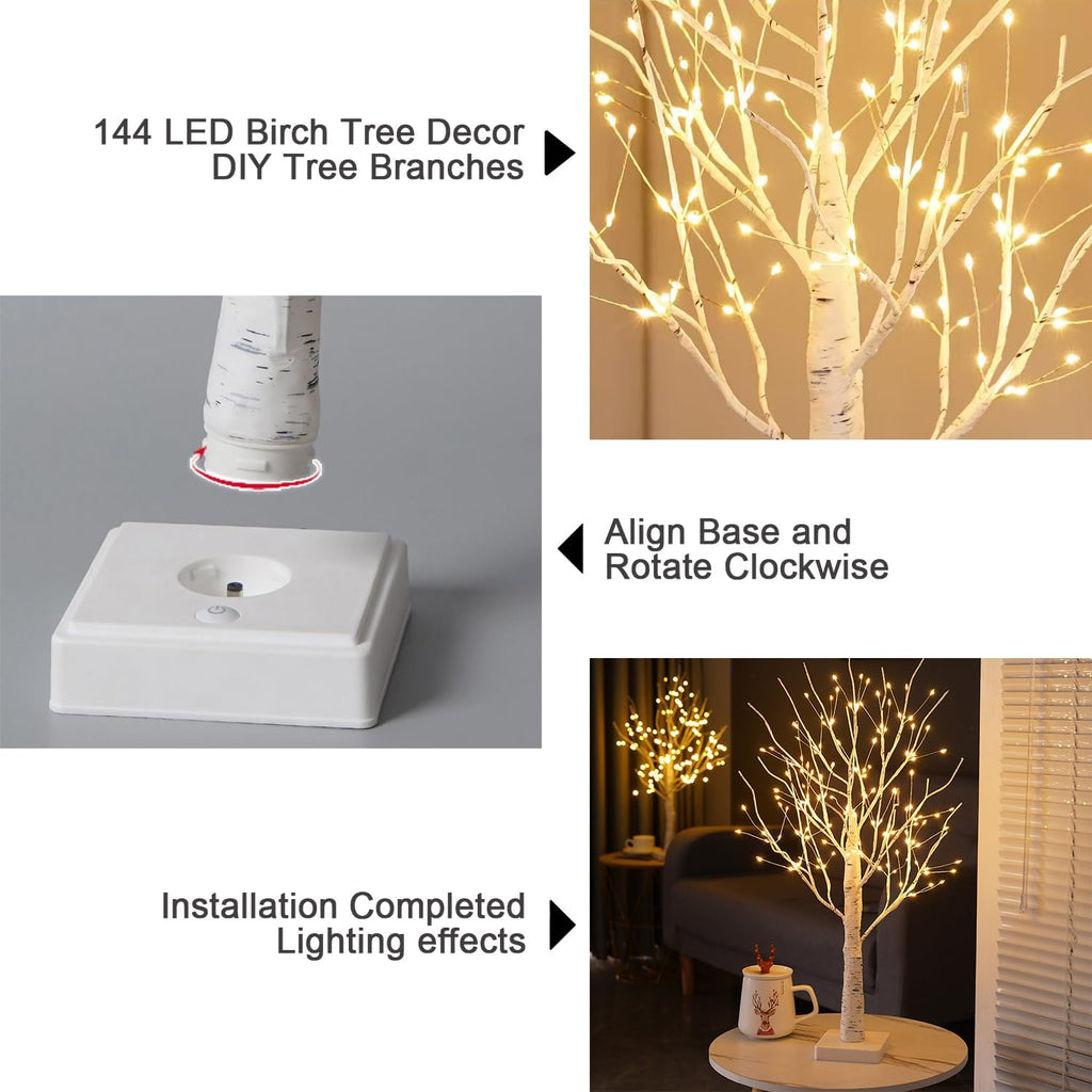 Lighted Trees for Indoor Decor, 24”2FT White Birch Tree with 144 LED Lights, Lighted up Tree Lamp USB/Battery Powered Timer, Artificial Trees for Table Home Christmas Decor (1)