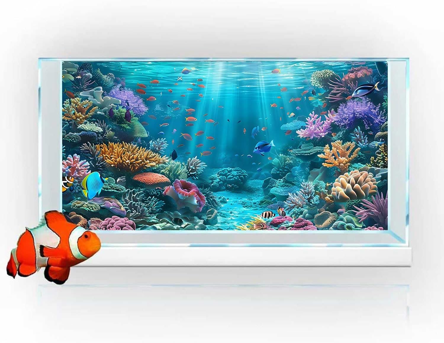 Underwater Aquarium Background, Ocean Floor Coral Reef Undersea Tropical Fish Coral Reef, Polyester Fish Tank Background with 6 EVA Double-Sided Tapes 48x24 inches/120x60