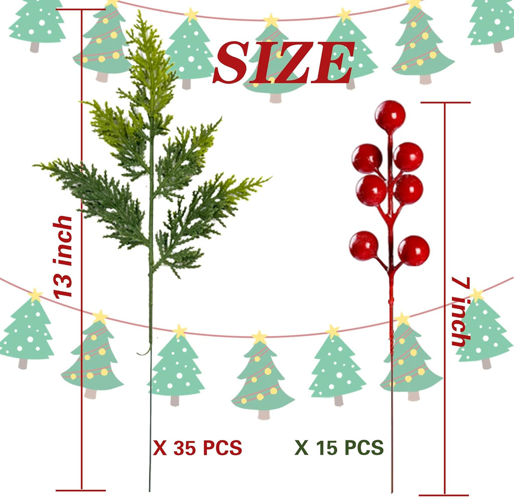 50 PCS Christmas Artificial Pine Picks with Red Berry Stems, 13" Faux Evergreen Norfolk Pine Cypress Branches, Fake Cedar Pine Needles Branches for DIY Craft Vase Garland Decoration