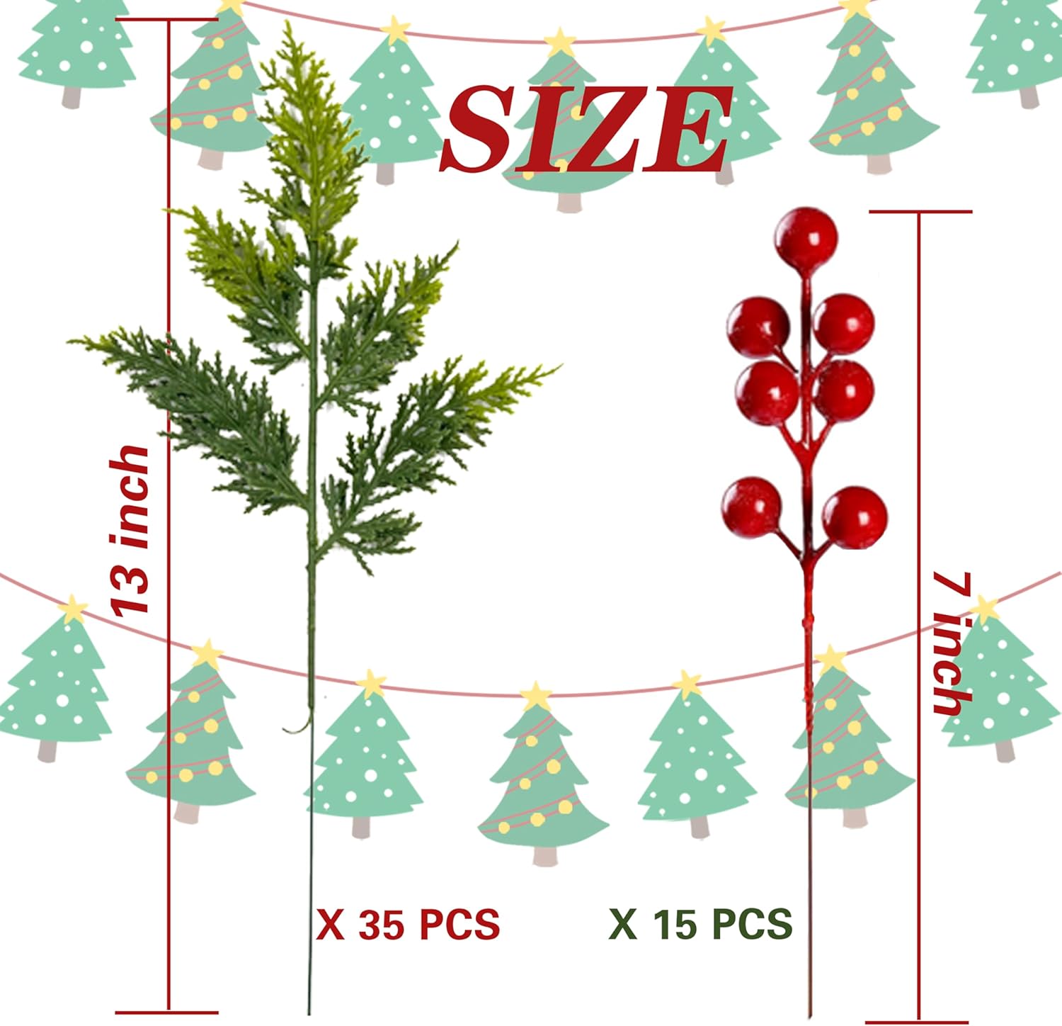 50 PCS Christmas Artificial Pine Picks with Red Berry Stems, 13" Faux Evergreen Norfolk Pine Cypress Branches, Fake Cedar Pine Needles Branches for DIY Craft Vase Garland Decoration
