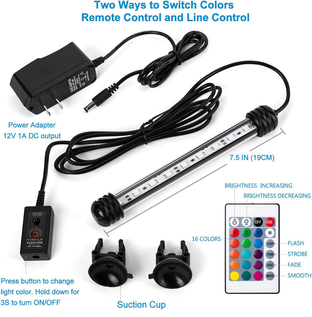 iKefe 7.5" Color Changing LED Fish Tank Aquarium Submersible Light with Remote/Colored Aquarium LED Tank Lights Fixture for Underwater Decorations, Plant Grow, Saltwater Freshwater Fish, KR5007