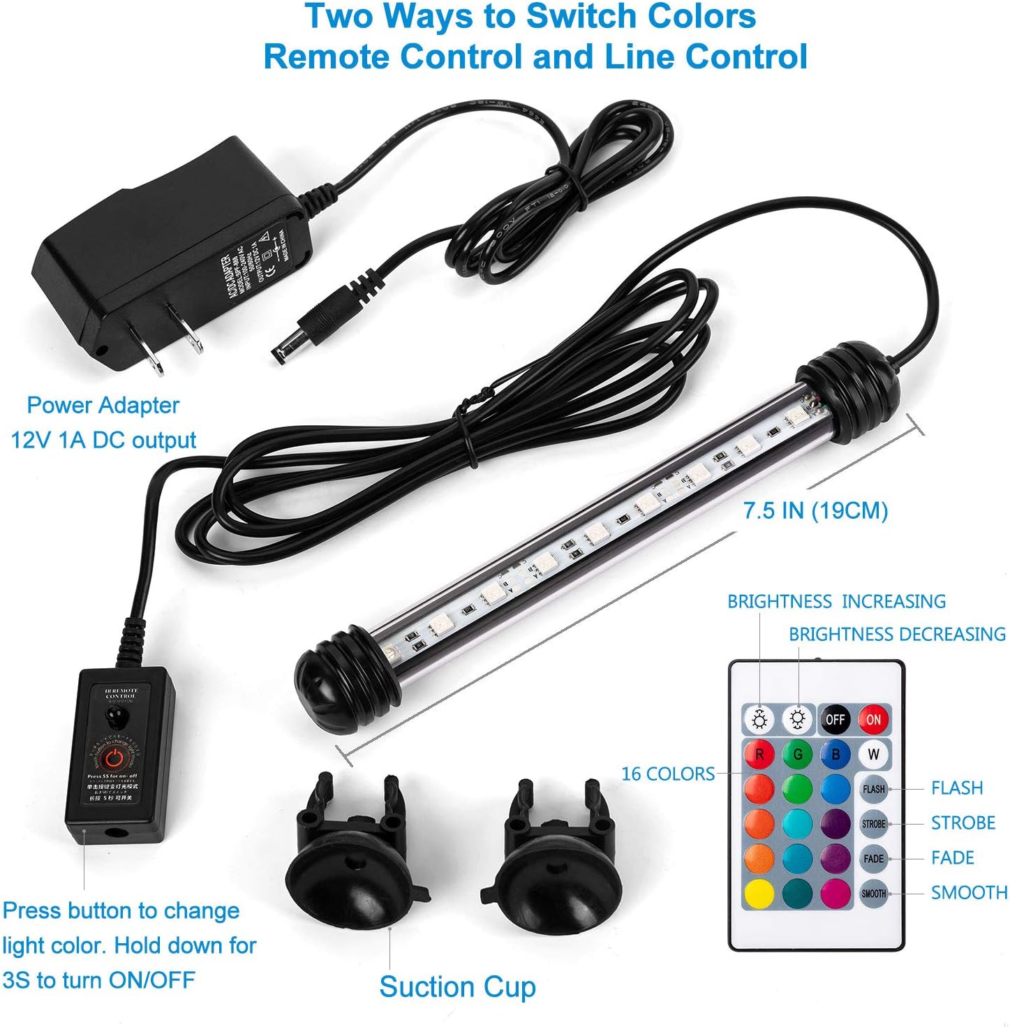 iKefe 7.5" Color Changing LED Fish Tank Aquarium Submersible Light with Remote/Colored Aquarium LED Tank Lights Fixture for Underwater Decorations, Plant Grow, Saltwater Freshwater Fish, KR5007