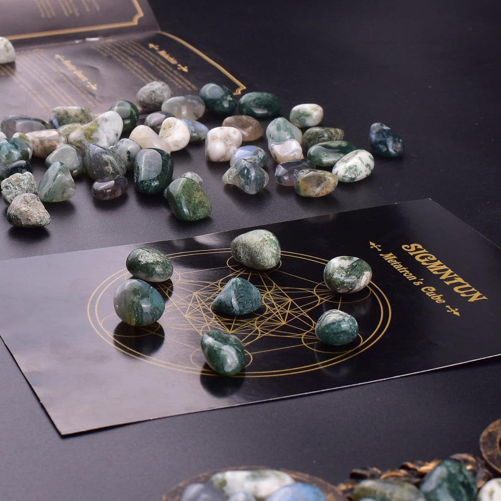 Polished Moss Agate Crystal Chips Set, 0.4", 128 Pcs - Handpicked Tumbled Stones and Crystals Bulk for Healing, Reiki, Meditation, Witchcraft and Home Decor