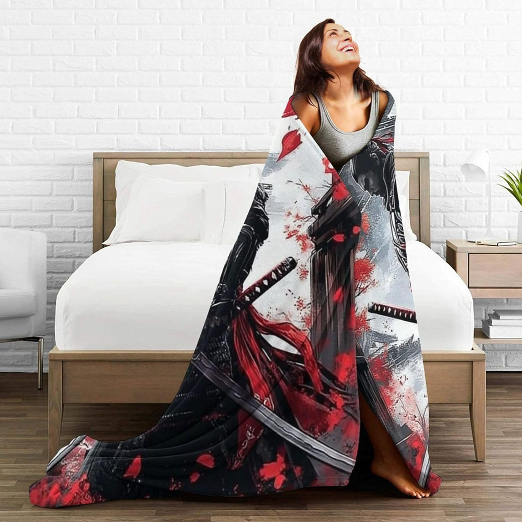 Japanese Blanket Samurai Throw Blanket Warrior Flannel Stuff Merch Cozy Decor Fleece Plush Fuzzy Warm Soft Lightweight Bedding Japan Gifts for Girls Women Men Boy Couch Sofa 60"X50"