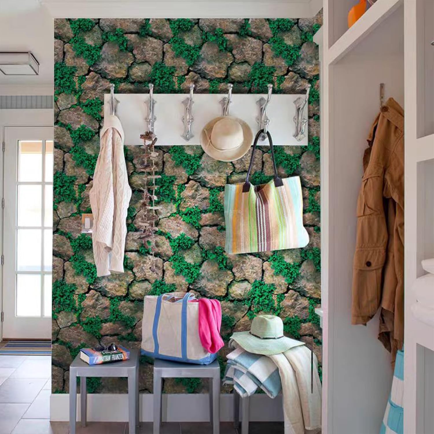Yancorp 32.8ft Self-Adhesive Peel and Stick Wallpaper Stone Brick Green Wallpaper Contact Paper Fireplace Kitchen Backsplash (18"x394")