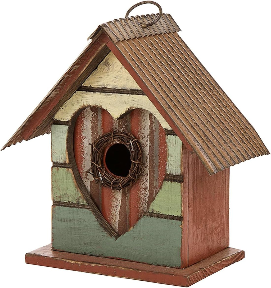 Glitzhome Bird House for Outdoor, 8.75" H Decorative Pet Cottage Distressed Heart Wooden Birdhouse for Outside,Graden Hanging Birdhouse for Bluebird Hummingbird Wren Finch Cardinals Cedar