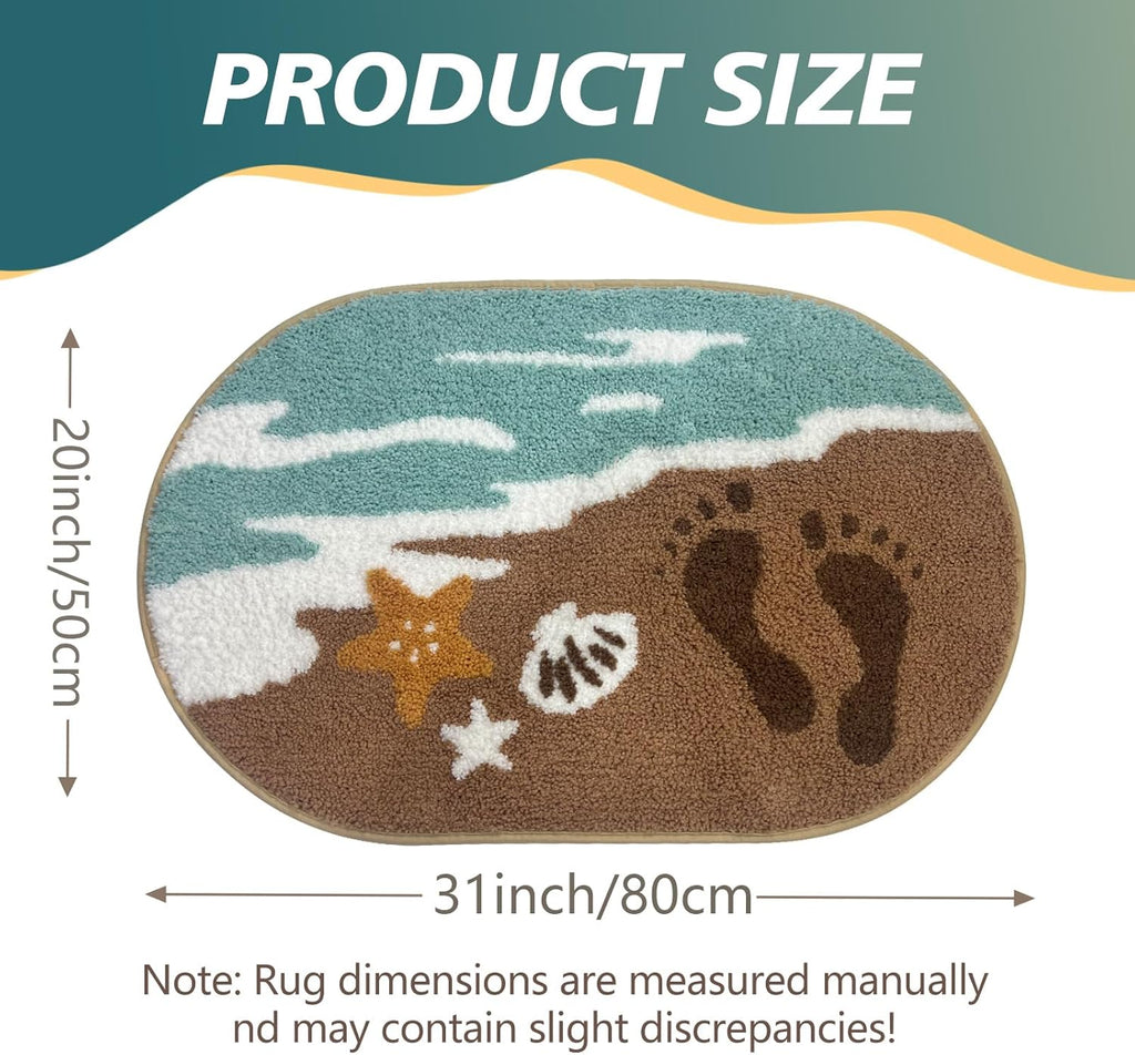 Beach Bathroom Rugs Soft Absorbent Ocean Wave Bath Mat with Non-Slip Backing Coastal Decor for Bathroom Kitchen Entryway, Blue Sea Design with Starfish Shells Pattern Bath Decor (D, 20"x32")