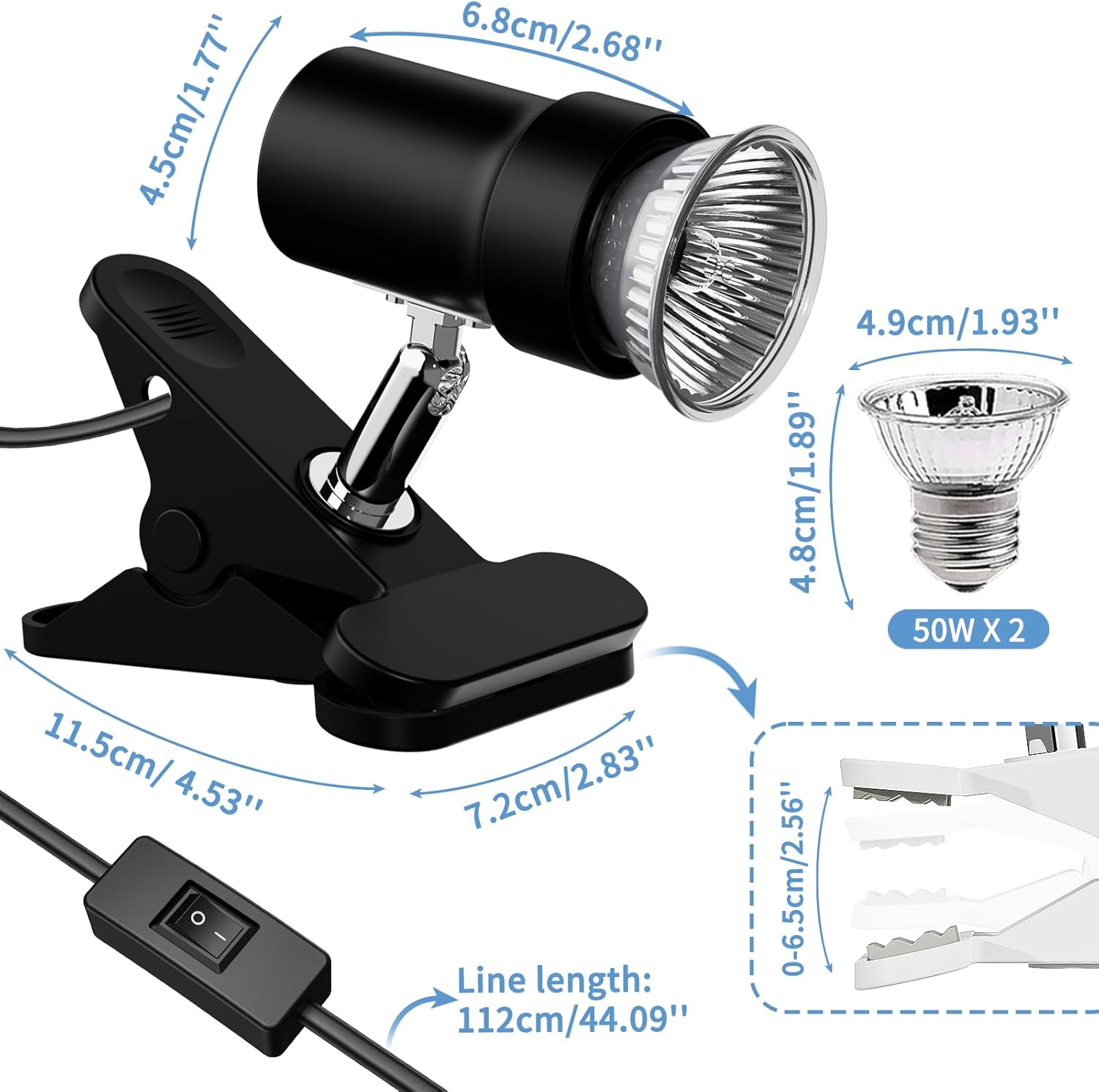 Reptile Heat Lamp, Rotatable UVA/UVB Light Lamp with 2PCS 50W Basking Bulbs, Suitable for Reptiles, Amphibians, Turtle, Lizard, Spiders, Birds, Snake (Black)