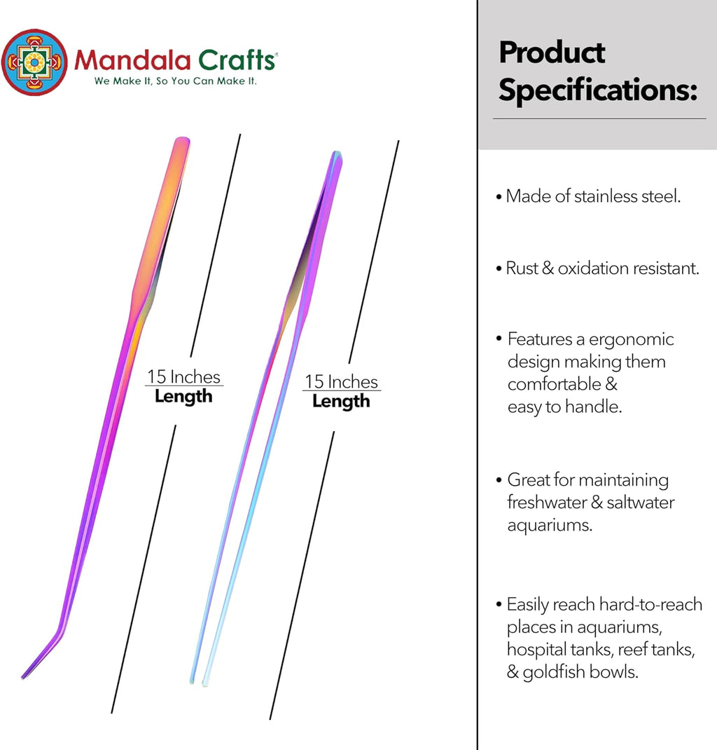 Mandala Crafts 15 Inches Rainbow Stainless Steel Straight and Curved Aquarium Tweezers for Aquatic Plants – Long Aquascape Forceps for Fish Tanks, Hospital Tanks, Goldfish Bowls, and Terrariums