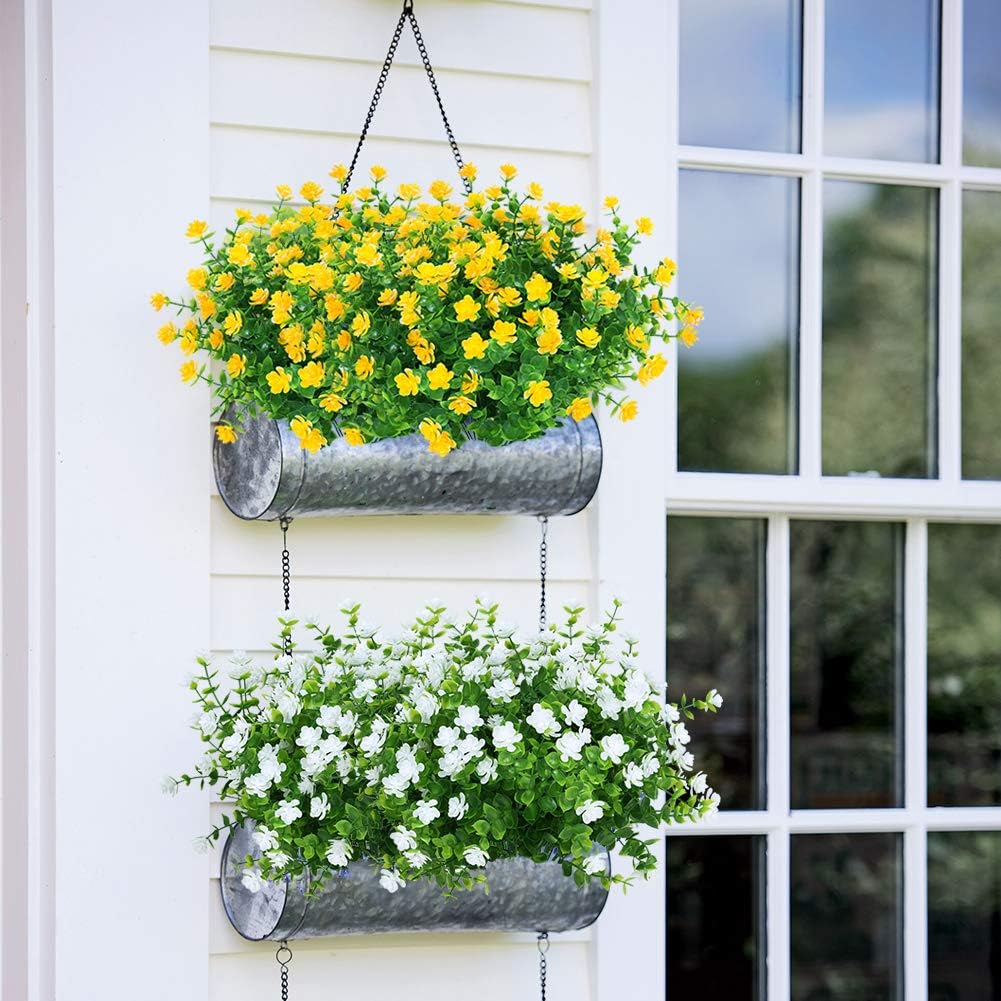 12 Bundles Outdoor Artificial Flowers UV Resistant Fake Boxwood Plants, Faux Greenery for Indoor Outside Hanging Plants Garden Porch Window Box Home Wedding Farmhouse Décor (Yellow)