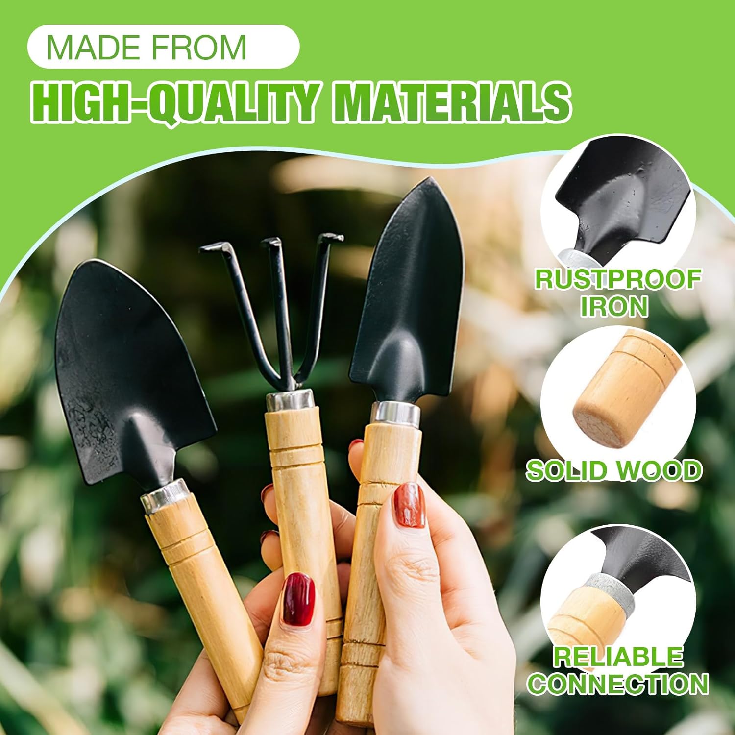 Mini Garden Tools Set, 3 Pcs Small Gardening Kit with Trowel, Shovel & Rake, Rust-Resistant Metal with Wooden Handle, Indoor Plant Tools for Succulents, Bonsai & Potted Plants