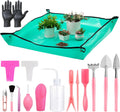 Melphoe 25Pcs Mini Garden Hand Transplanting Succulent Tools Set, 39.4" Thickened Repotting Mat & Plant Tag, Miniature Planting Indoor Fairy Care, Potting, Cactus, Houseplant Bonsai Tool Kit (Pink)