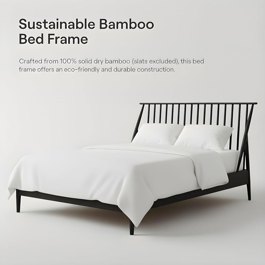 Merax Queen Size Bamboo Wood Bed Frame with 46.5" Tall Headboard, Bohemian Spindle Platform Bed with Wood Slat, Heavy Duty Steel Center Beam for Support, Under Bed Storage, No Box Spring Needed, Black