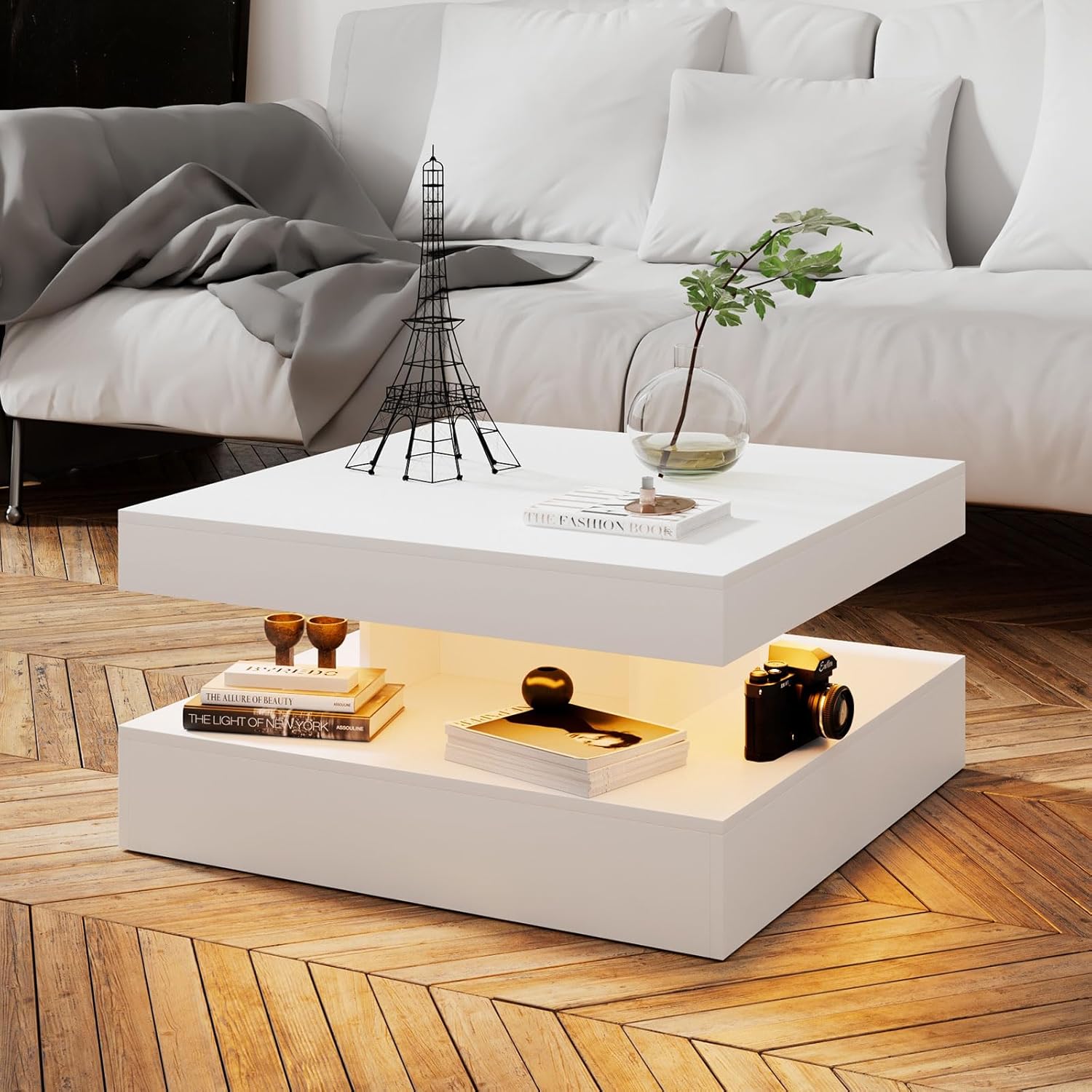 White LED Coffee Table for Living Room, Living Room Table 2-Tier Square Middle Center Table, Modern Coffee Tables with Storage, Wood Tea Tables for Dining Reception, Skin Feeling
