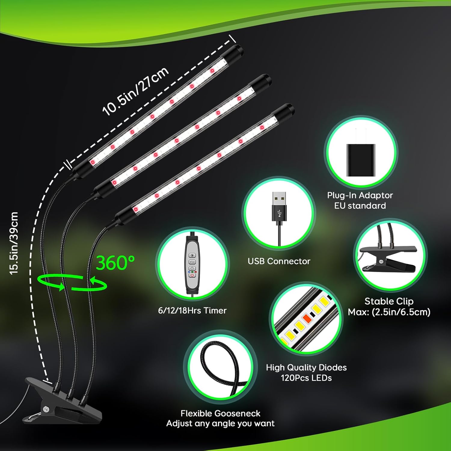 Tri-Heads Grow Lights for Indoor Plants, Full Spectrum Plant Lights for Indoor Growing with Adjustable 360° Gooseneck, 6/12/18H Timer & Dimming for Seedlings(Pack 2)