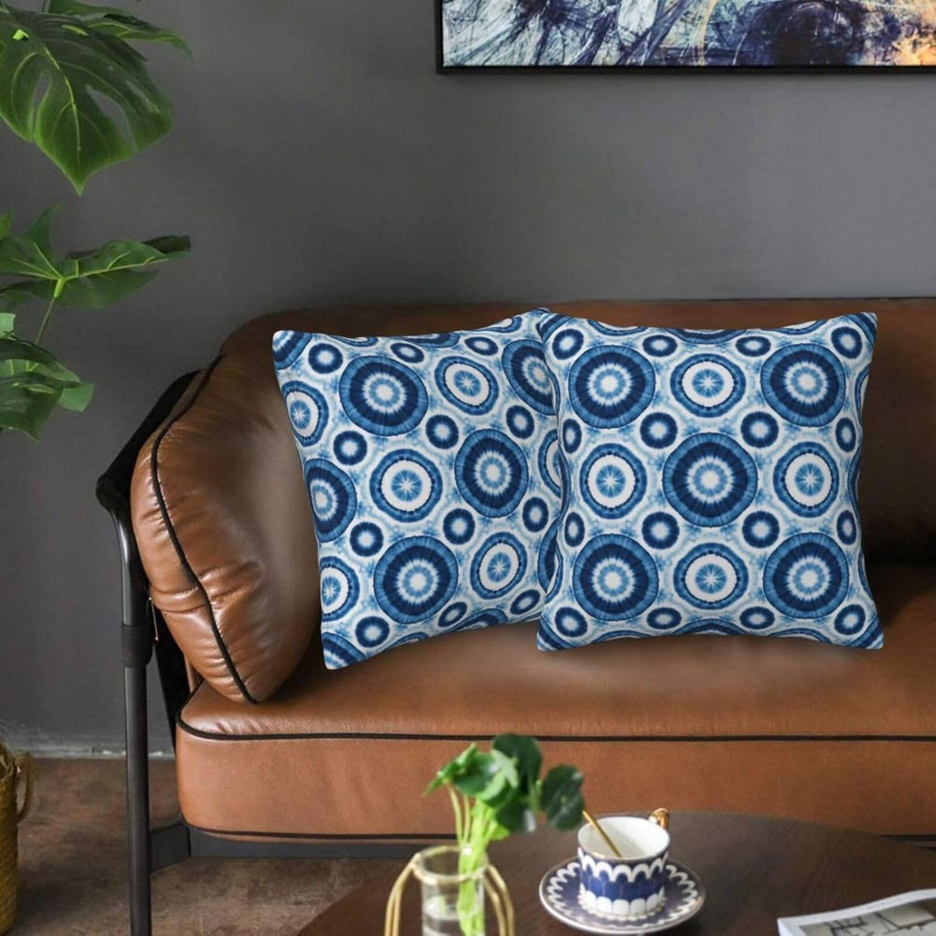 Boho Blue Tie-Dye Mandala Circle Throw Pillow Covers Set of 2 Ultra-Soft All-Season with Hidden Zipper,Durable for Sofa Bed Car Decor & Gift 18x18IN
