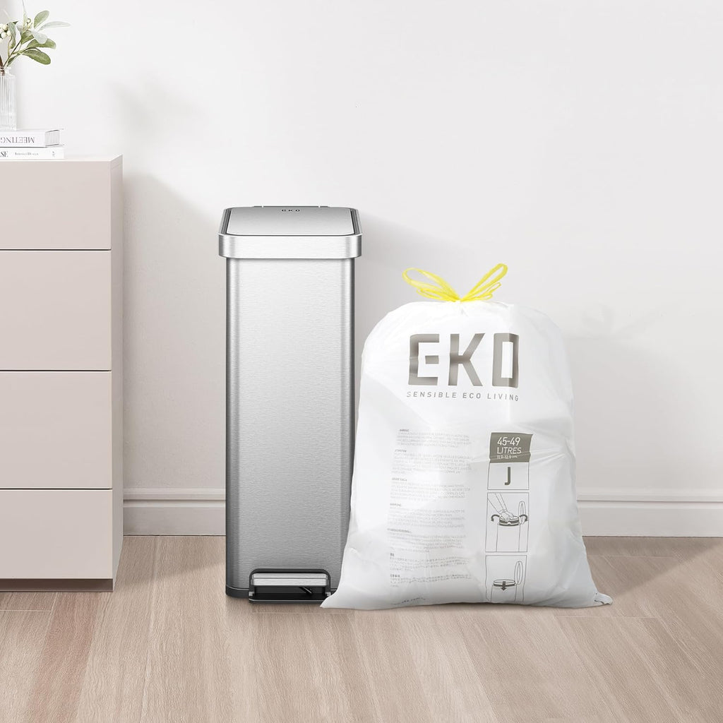 EKO 12.9 Gallon / 45-49 Liter, 60 Count Drawstring Trash Bags, Extra-Strong Unscented Garbage Bags, Easy-Dispense Roll for Kitchen & Household Use, Resists Tears, Leaks and Punctures, Code J, White