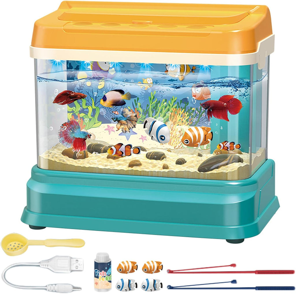 Baby Aquarium Toy, Educational Toy Fish Tank with Light & Music, Artificial Water Tank with 4 Magnetic Fish, 2 Fishing Rod, Net & Feed Bottle, for Kids