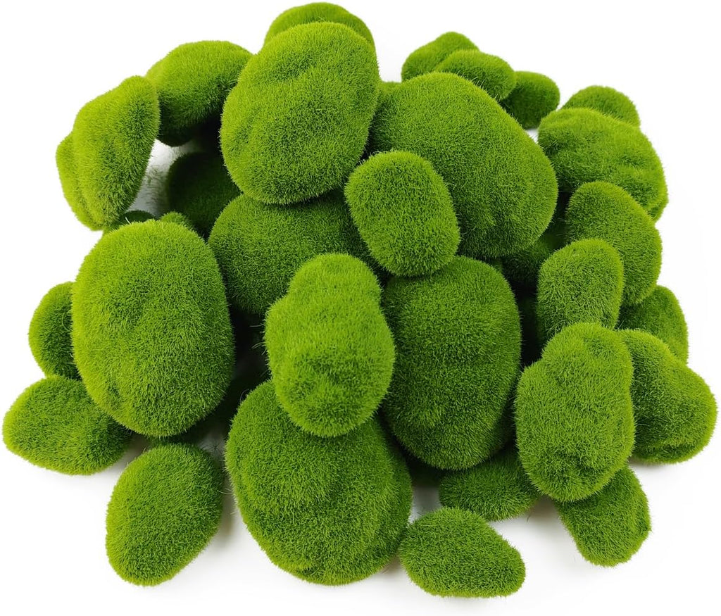 TIHOOD 50 PCS 5 Size Artificial Moss Rocks Decorative, Green Moss Balls,Moss Stones, Green Moss Covered Stones, Fake Moss Decor for Floral Arrangements, Fairy Gardens and Crafting