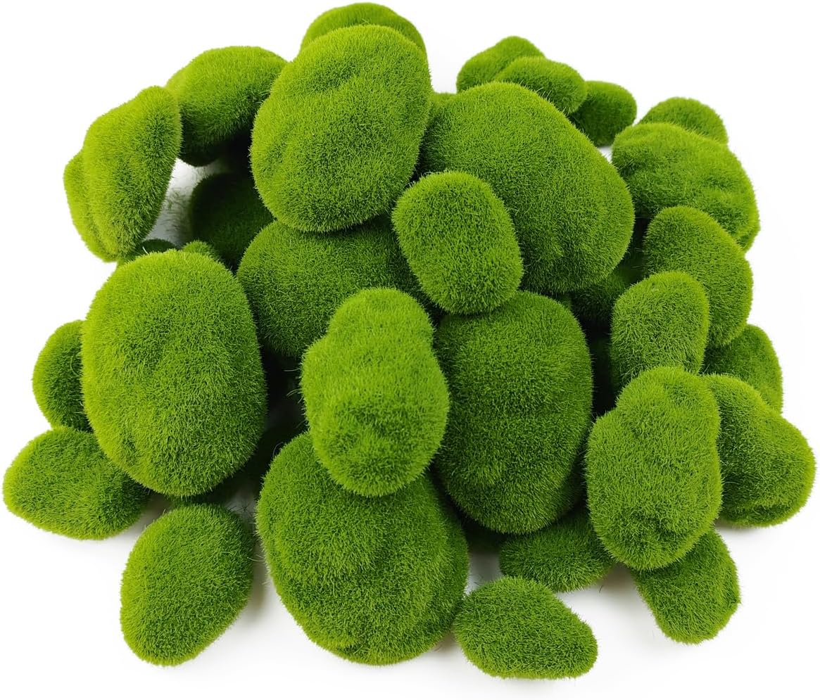 TIHOOD 50 PCS 5 Size Artificial Moss Rocks Decorative, Green Moss Balls,Moss Stones, Green Moss Covered Stones, Fake Moss Decor for Floral Arrangements, Fairy Gardens and Crafting