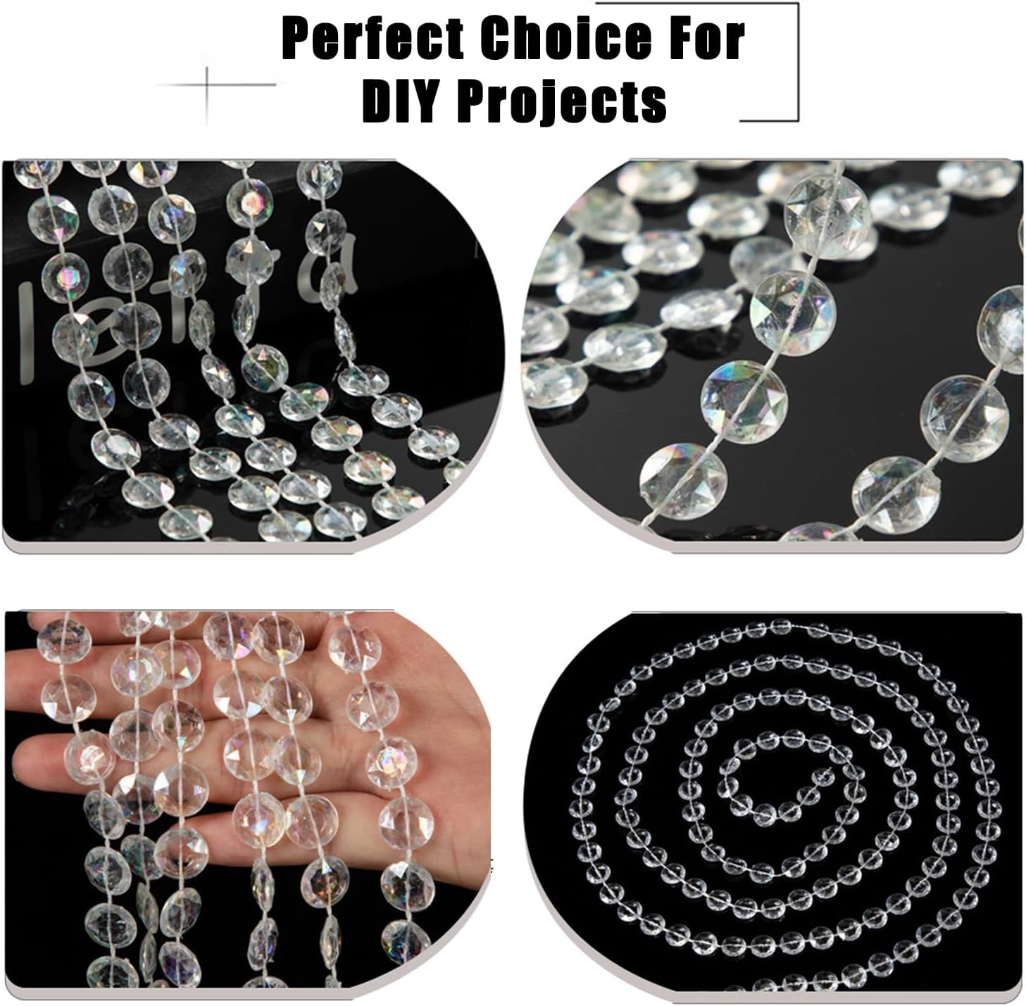99ft Iridescent Bead Garland, Acrylic Crystal Strand Roll for Christmas Tree, Hanging Ornaments, Holiday Home Décor, DIY Crafts and Curtain Decorations