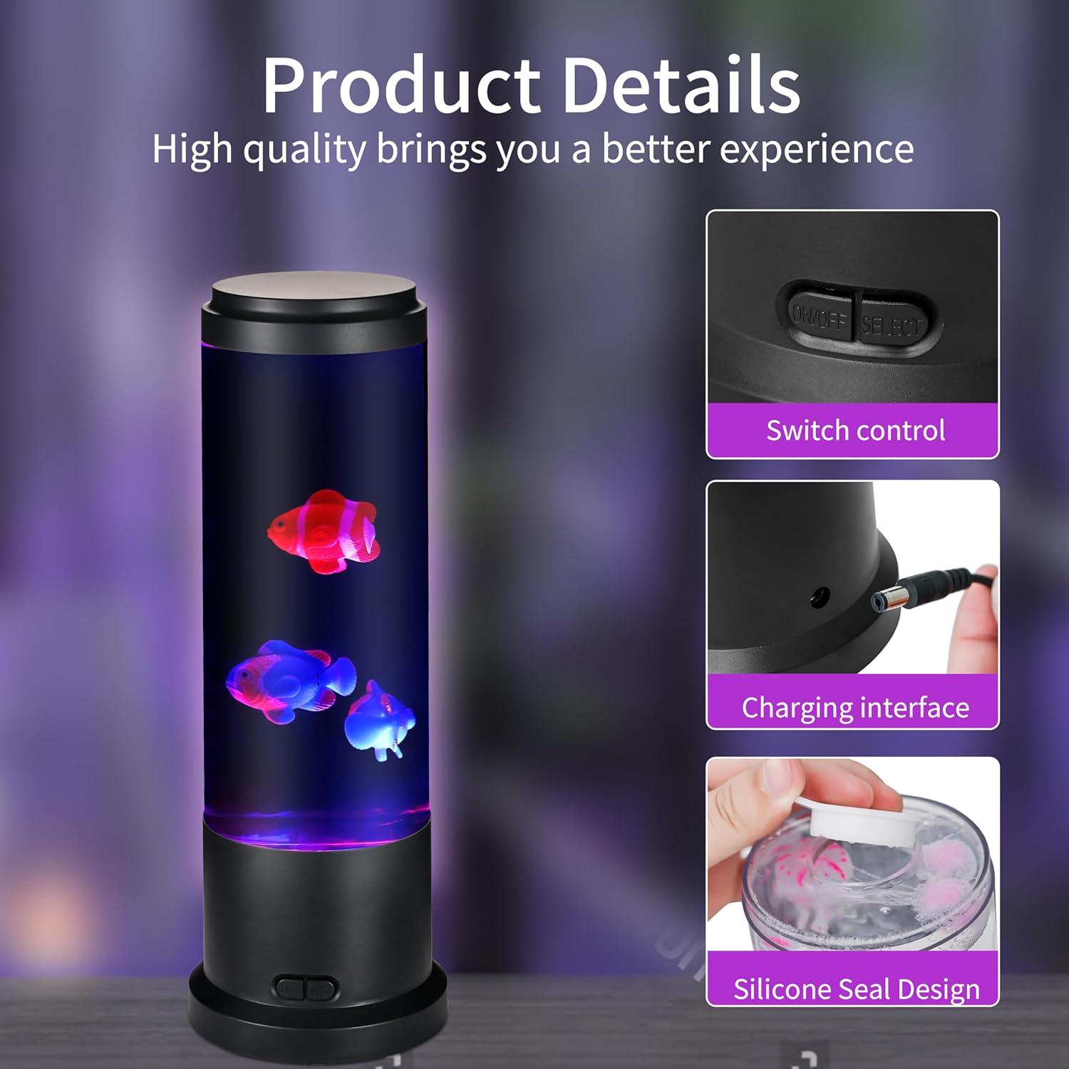 EDIER Fish Lamp with Moving Fish, 11-inch Fake Aquarium Tank Auto-Color Changing, USB Sensory Liquid Motion Lamp for Kids & Autism Stress Relief