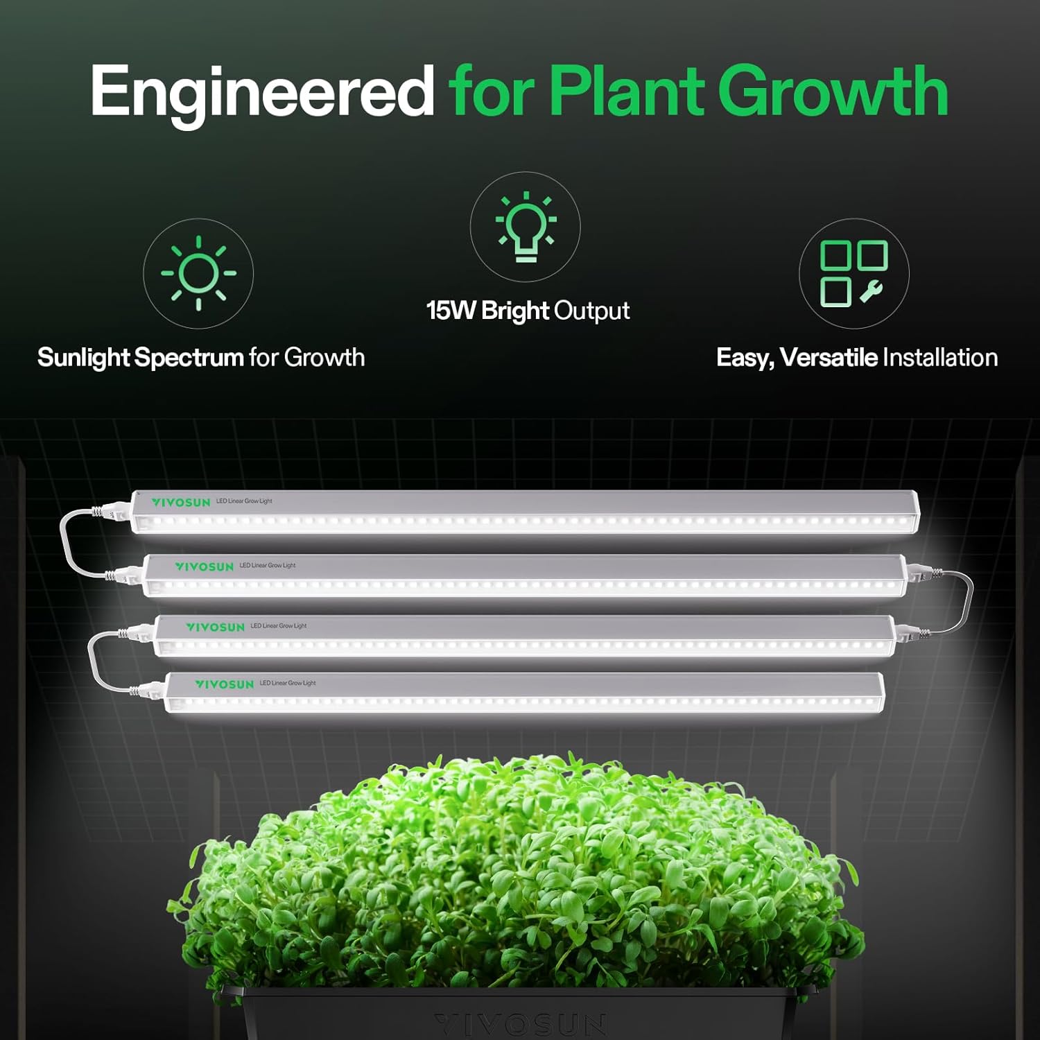 VIVOSUN 2ft Grow Lights for Indoor Plants Full Spectrum, LED Plant Lights 60W(4 X 15W), T5 Grow Light Strip for Seed Starting, Greenhouse, Hydroponics, SGS Compatible, Linkable, 5000K, 4-Pack