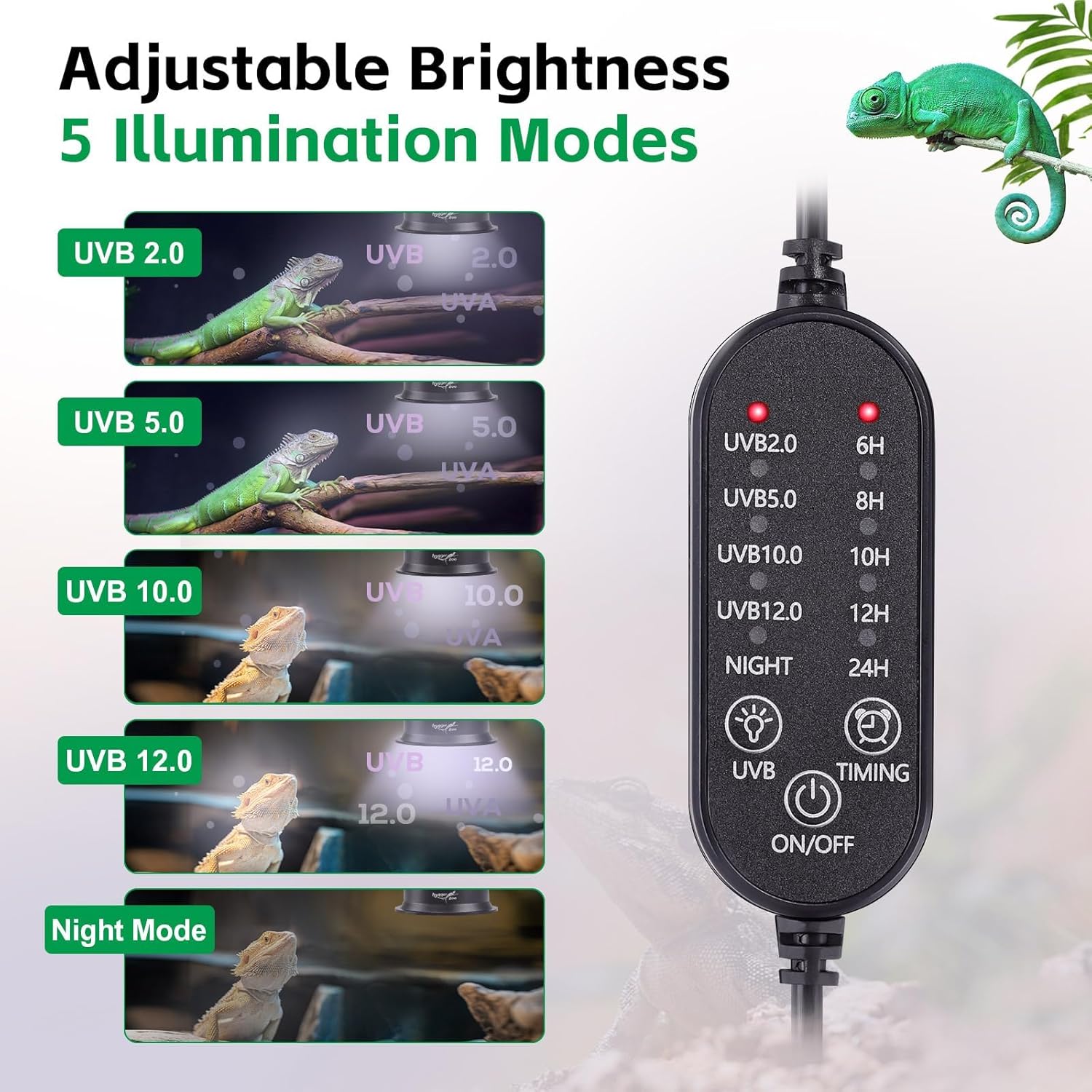 UVB Light for Reptiles, UVA UVB Reptile Light Fixture with Timer LED UVB Bulb for Bearded Dragon Gecko Turtle Chameleon Lizard Snake, Adjustable Brightness UVB Lamp for Reptile Tank Accessories, Black