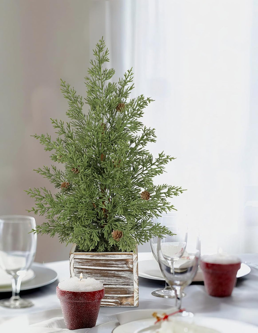 Briful Artificial Christmas Tree 21.2’’ Tall, Mini Tabletop Xmas Tree with Pinecones in Rustic Wooden Box, Small Faux Cedar Tree for Home Office Holiday Decor, Farmhouse Winter Table Centerpiece