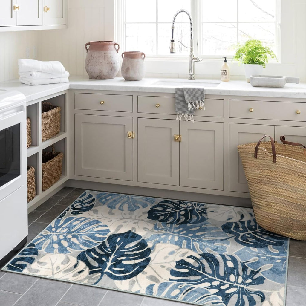 Wonnitar Tropical Washable 3x5 Entry Rug, Leaf Blue Small Rugs for Bedroom, Botanical Non-Slip Living Room Carpet Low Pile Indoor Floor Carpet for Mud Room Dining Table Doorway