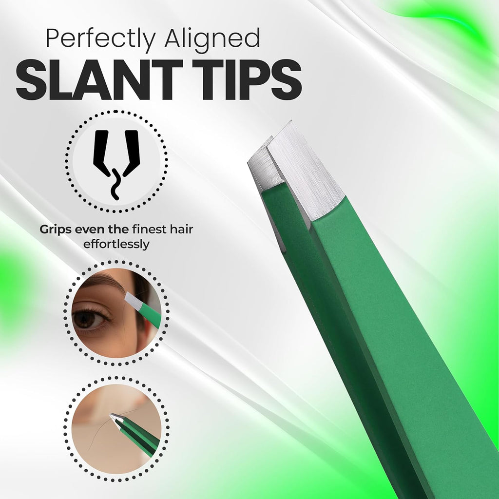 Slanted Stainless Steel Tweezers for Men & Women - Precision Eyebrow Tweezers for Facial Hairs, Strong Grip, Fine Tip, Professional Tweezer for Plucking & Grooming (Matte Forest Green)