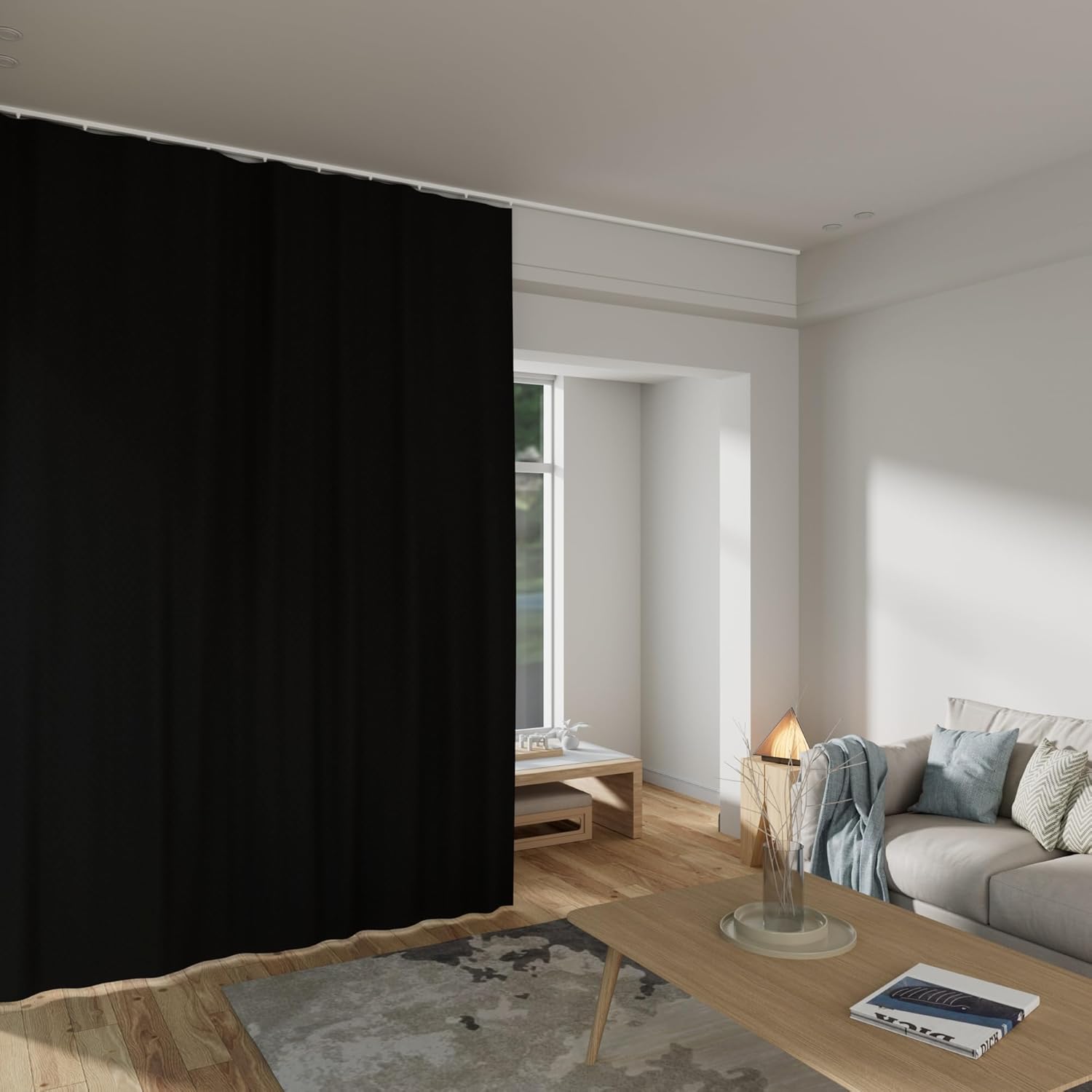 Room Divider Curtains Total Blackout Privacy Curtain Panel Room Thermal Insulated Noise Reduction Curtains for Bedroom Window Living Room Ceiling Track Curtain W 12.5 ft × H 9 ft Black