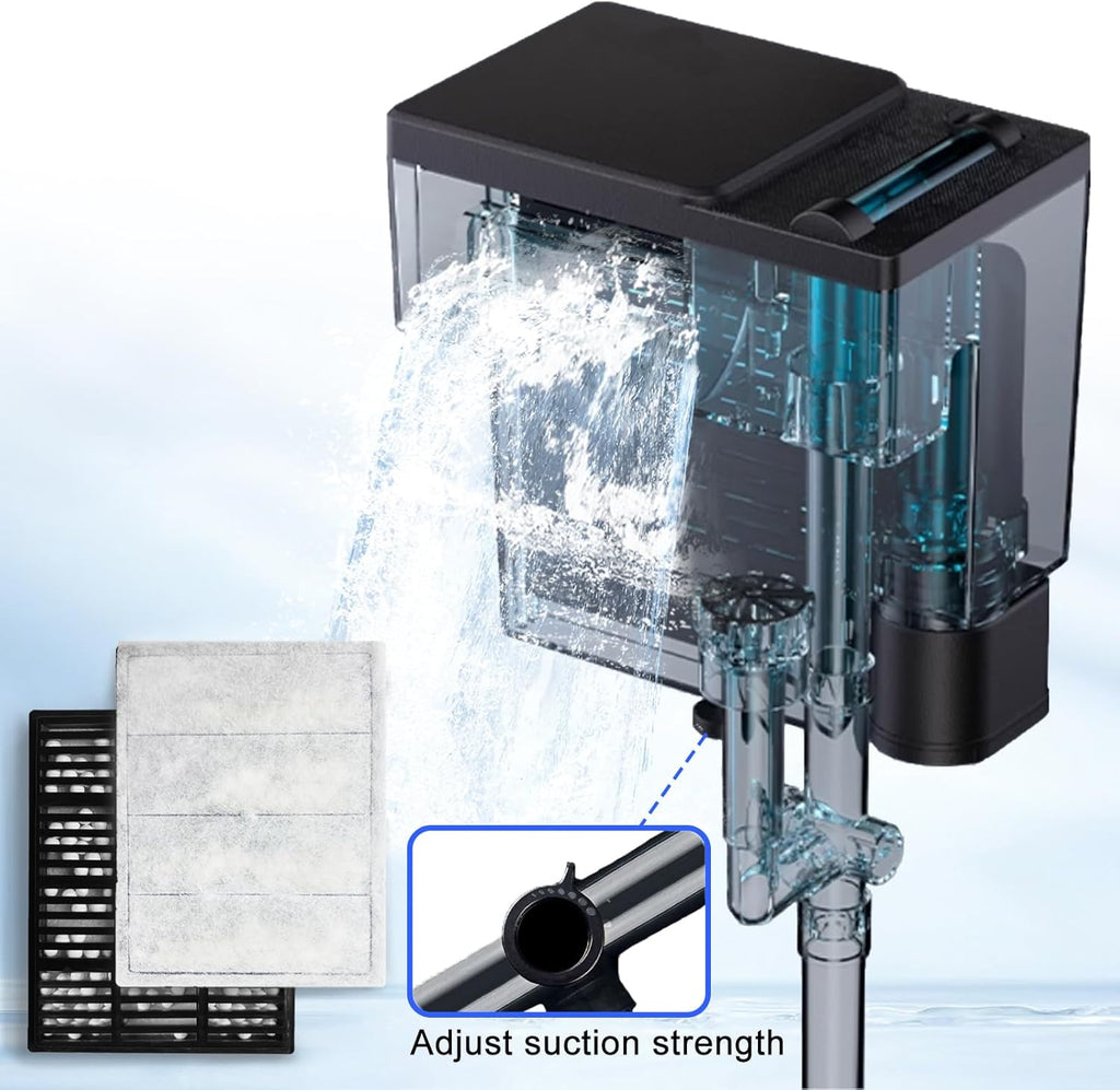 Aquarium Filter, 6W 150GPH HOB Fish Tank Filter, 4-Stage Bio-Filtration for 10-40 Gallon Tanks, Quiet Power Waterfall Filter with Adjustable Flow, Includes Filter Cotton & Bio Media