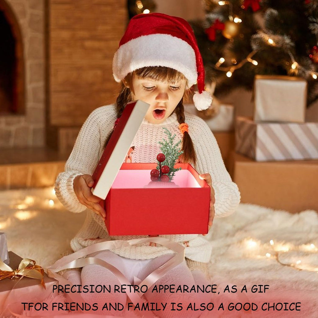 Christmas Table Decor - Artificial Mini Christmas Tree Decorations for Tables Fake Red Berry ＆ Pine Branch with Cute Box Base for Winter Indoor Home Table Fireplace Mantel Decorations