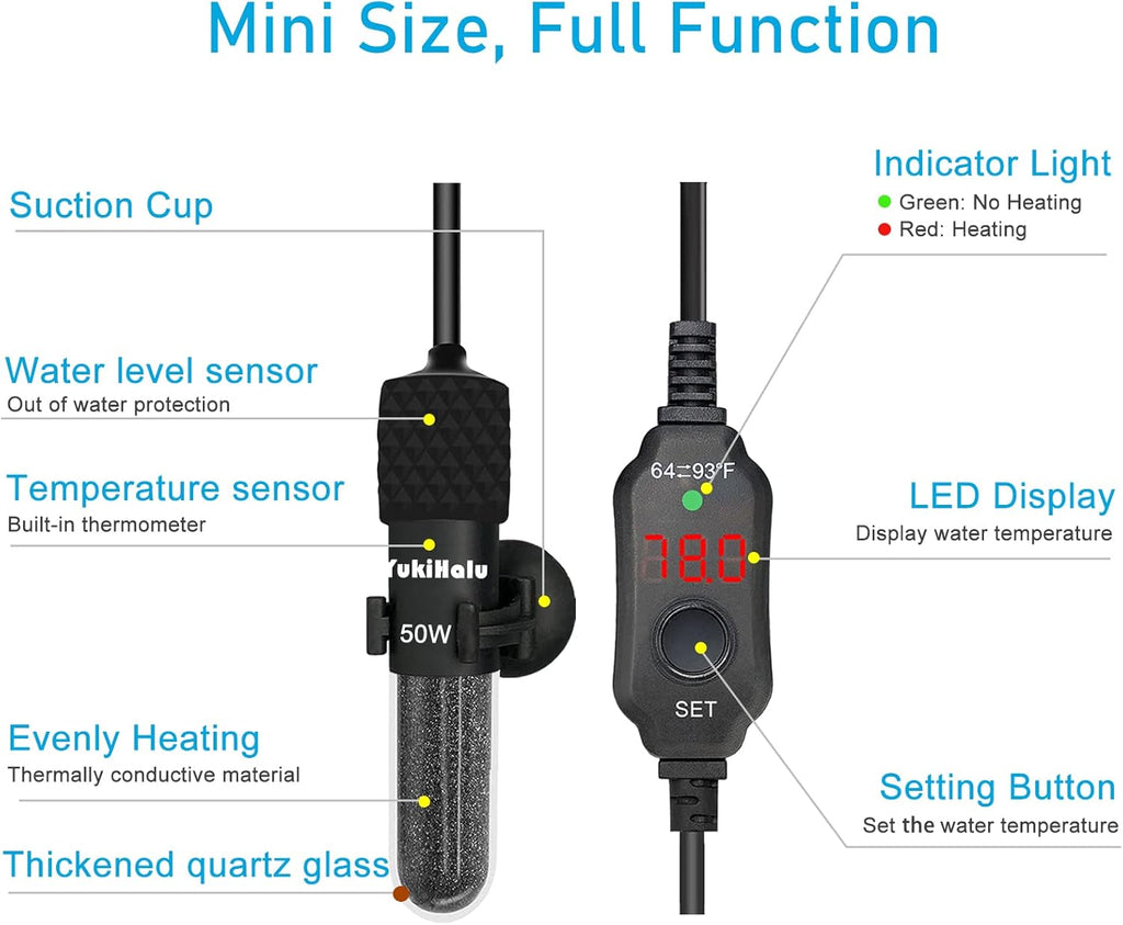 YukiHalu Small Submersible Aquarium Heater, Adjustable Mini Fish Tank Heater 25W 50W 100W 200W 300W with External Temperature Controller, LED Display, Used for 5/10/20/40/60 Gallons (50 Watts)