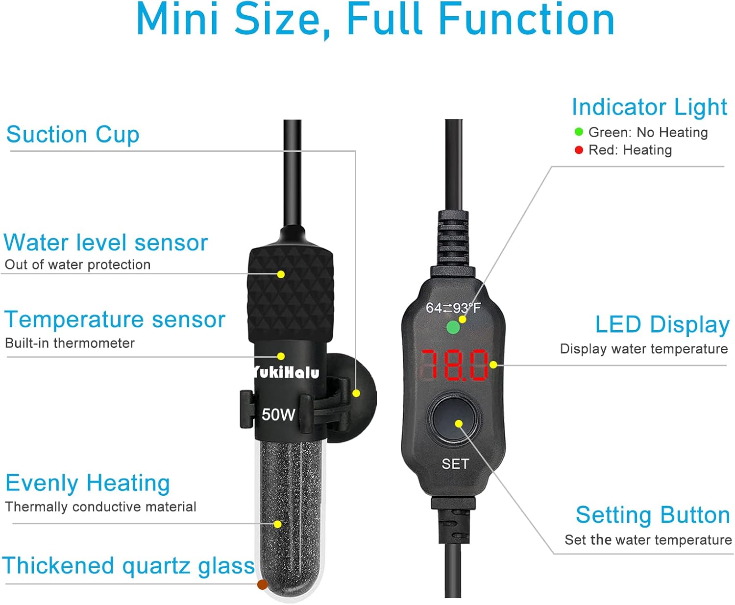YukiHalu Small Submersible Aquarium Heater, Adjustable Mini Fish Tank Heater 25W 50W 100W 200W 300W with External Temperature Controller, LED Display, Used for 5/10/20/40/60 Gallons (50 Watts)