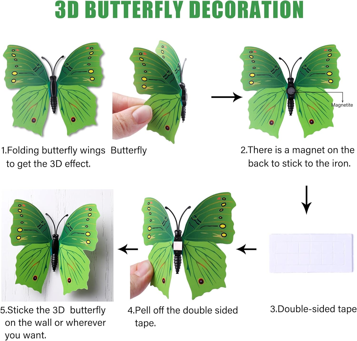 LiveGallery 72 PCS Green Removable 3D DIY Beautiful Butterfly Wall Decals Colorful Butterflies Art Decor Wall Stickers Murals for Kids Baby Boy Girls Bedroom Classroom Offices (Green)