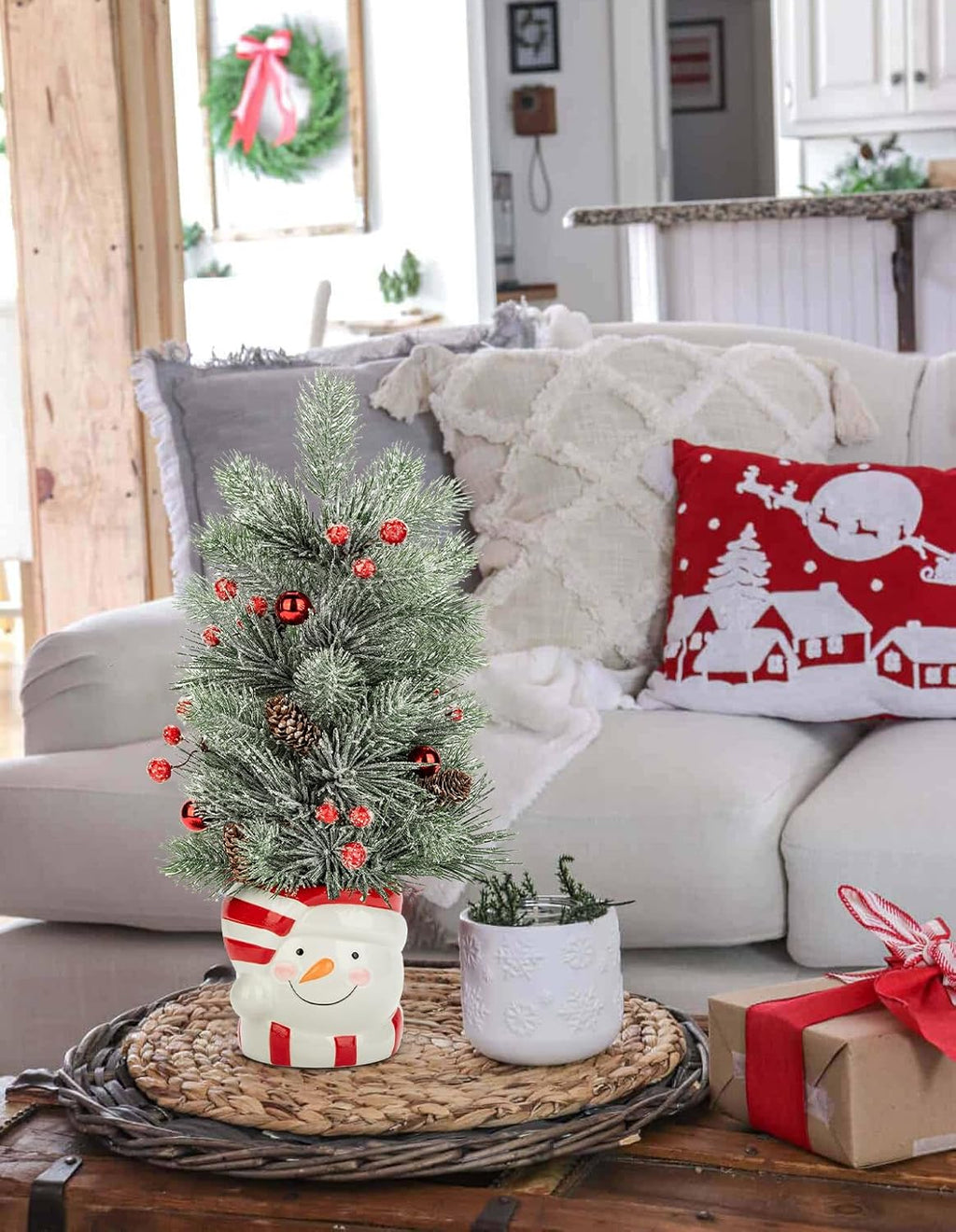 Small Christmas Tree Snowman Potted Plants with Vase 16.5" Artificial Tabletop Mini Xmas Tree Decorations Pine Needles Plant with Christmas Ball Ornaments Berries Pine Cones Home Party Christmas Decor