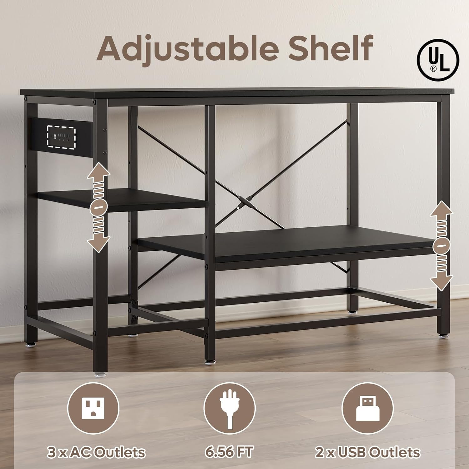 Bestier 55 Gallon Fish Tank Stand with Power Outlet, 49x13 Metal Aquarium Stand with Filter Storage, 6-Leg Long Reptile Tank Stand with 3-Tier Adjustable Storage Shelves, 700LBS Capacity, Black Oak