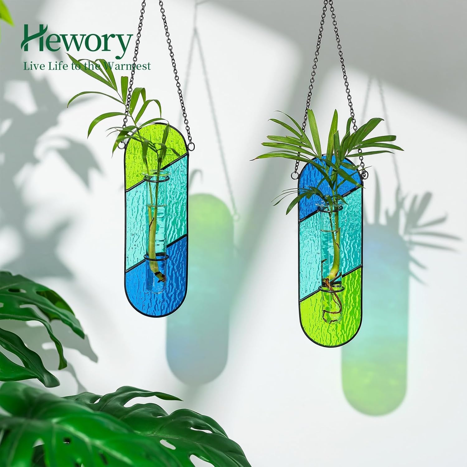Hewory Stained Glass Plant Propagation Hanging 2 Pcs Propagation Station Planters for Window Decor - Unique Hydroponic Propagated Plant Holders for Kitchen Gifts for Mom