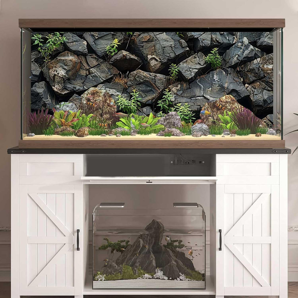 Stone Aquarium Background, Underwater Rock Plant Fish Tank Background Rocky Terrarium Background Black, Polyester Background with 6 EVA Double-Sided Tapes 48x24 inches/120x60