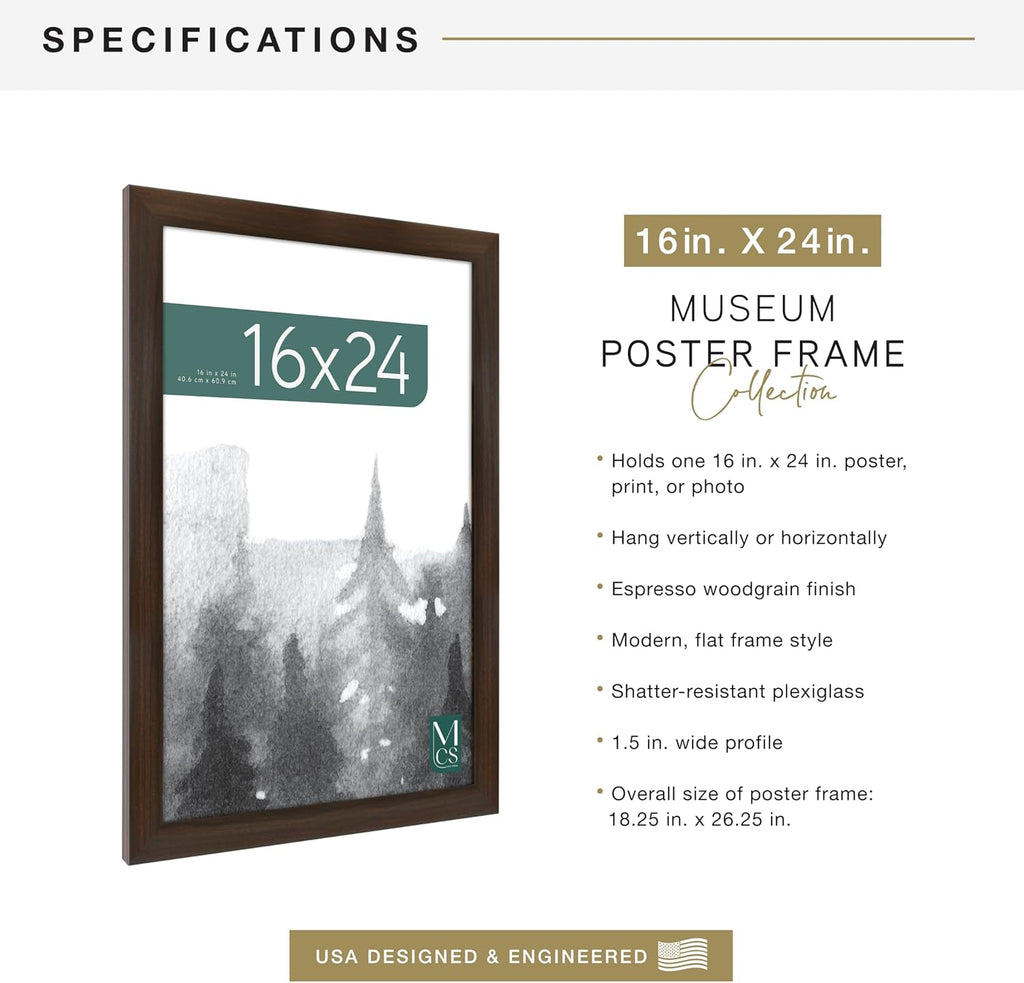 MCS Museum Poster Frame 16x24 Espresso Woodgrain, Vertical & Horizontal Wall Hanging Large Picture Frame for Photos, Posters & Art Prints (1-Pack)