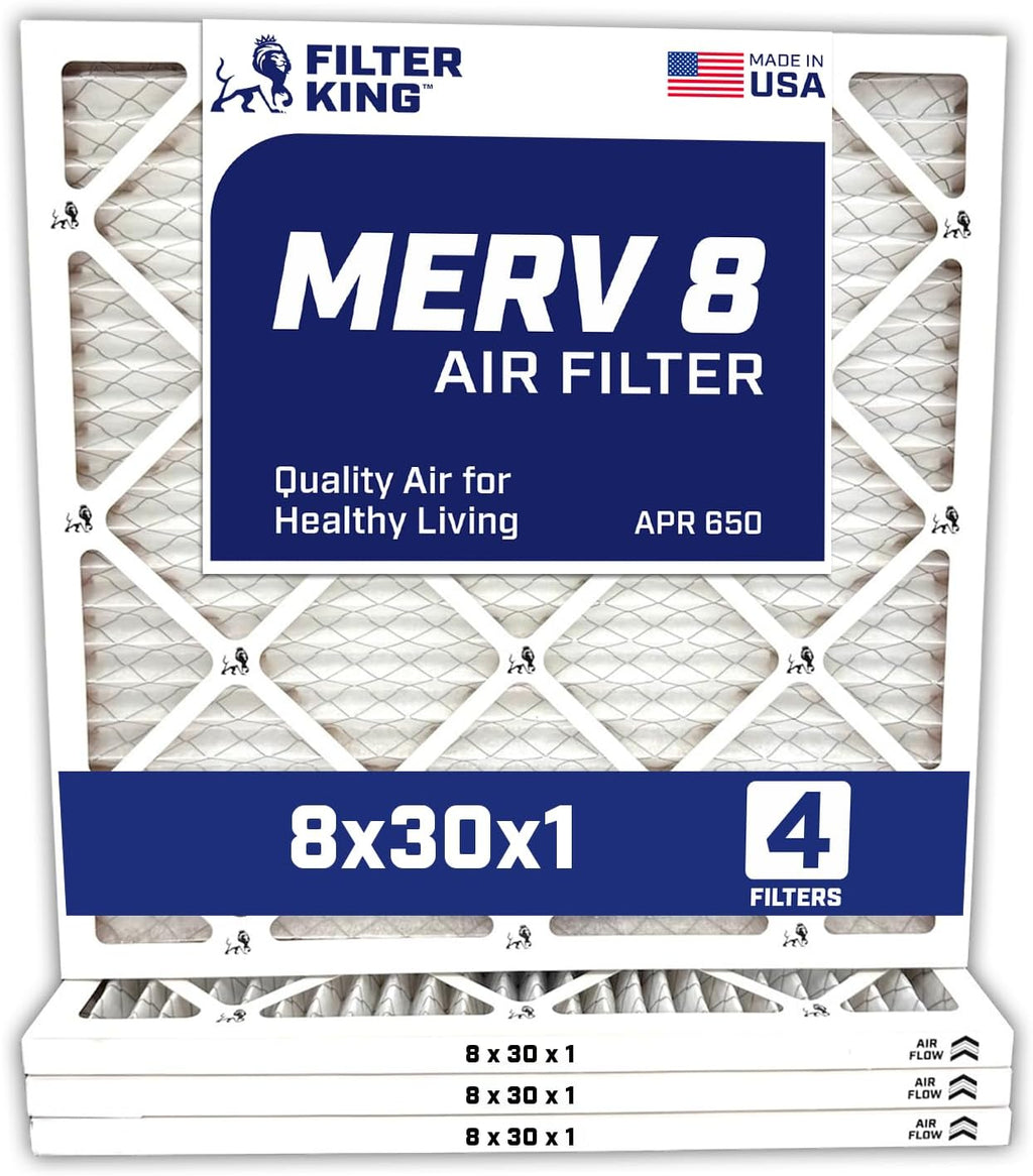 Filter King 8x30x1 Air Filter | 4-PACK | Carbon MERV 8 HVAC Pleated A/C Furnace Filters | MADE IN USA | Actual Size: 7.5 x 29.5 x .75"