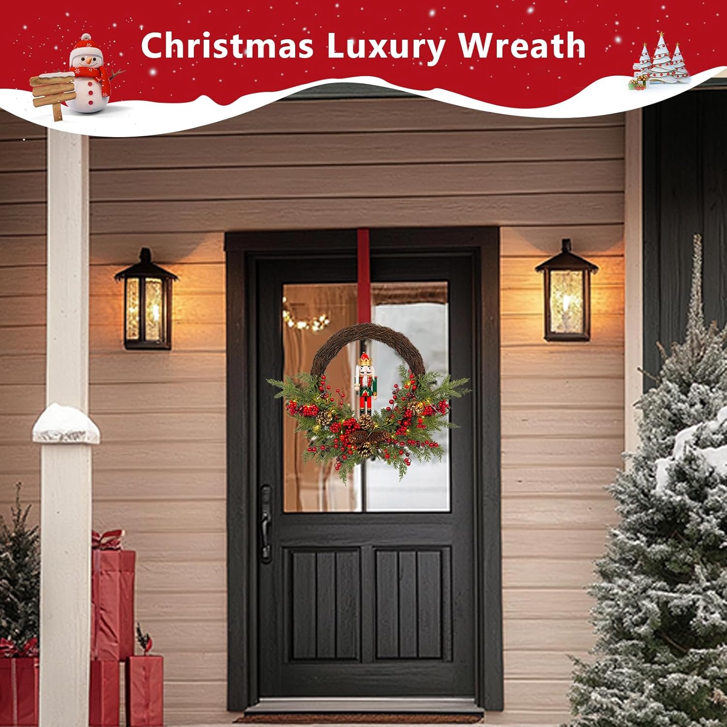 Christmas Wreath Artificial Christmas Nutcracker Wreath with a Nutcracker, Red Berries and Pine Cones, Suitable for Decorating Doors, Windows. (Red Wooden Nutcracker Decor with Light)